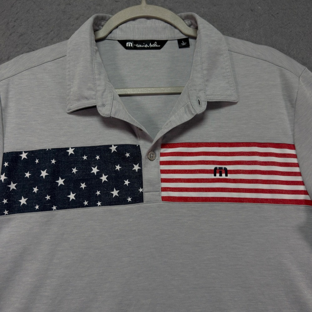 TravisMathew Mens Gray Americana Flag Stripe Pima Cotton Golf Polo Shirt Large - Picture 2 of 9